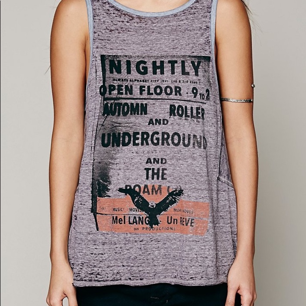 Free People Gray Graphic Scoop Neck Tank with Black and Coral Print